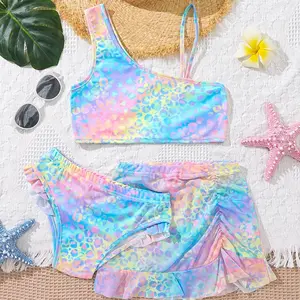 [Gradient Color | Beach] 3pcs Girls Gradient Bikini Swimsuit + Cover Up Skirt Set Summer Beach Vacation Seaside Suit must have items