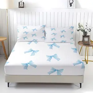 3-piece set of fresh blue bow patterned bed sheets, including 1 bed sheet and 2 pillowcases, with anti slip and dust-proof covers suitable for bedrooms and daily gifts for girls, bedsheet sets
