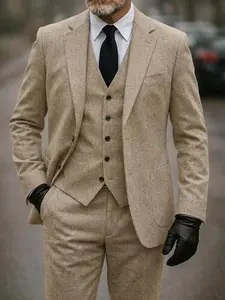 Men's 3-Piece Vintage Tweed Suit with Blended Herringbone Perfect for Weddings & Formal Events Long Sleeve