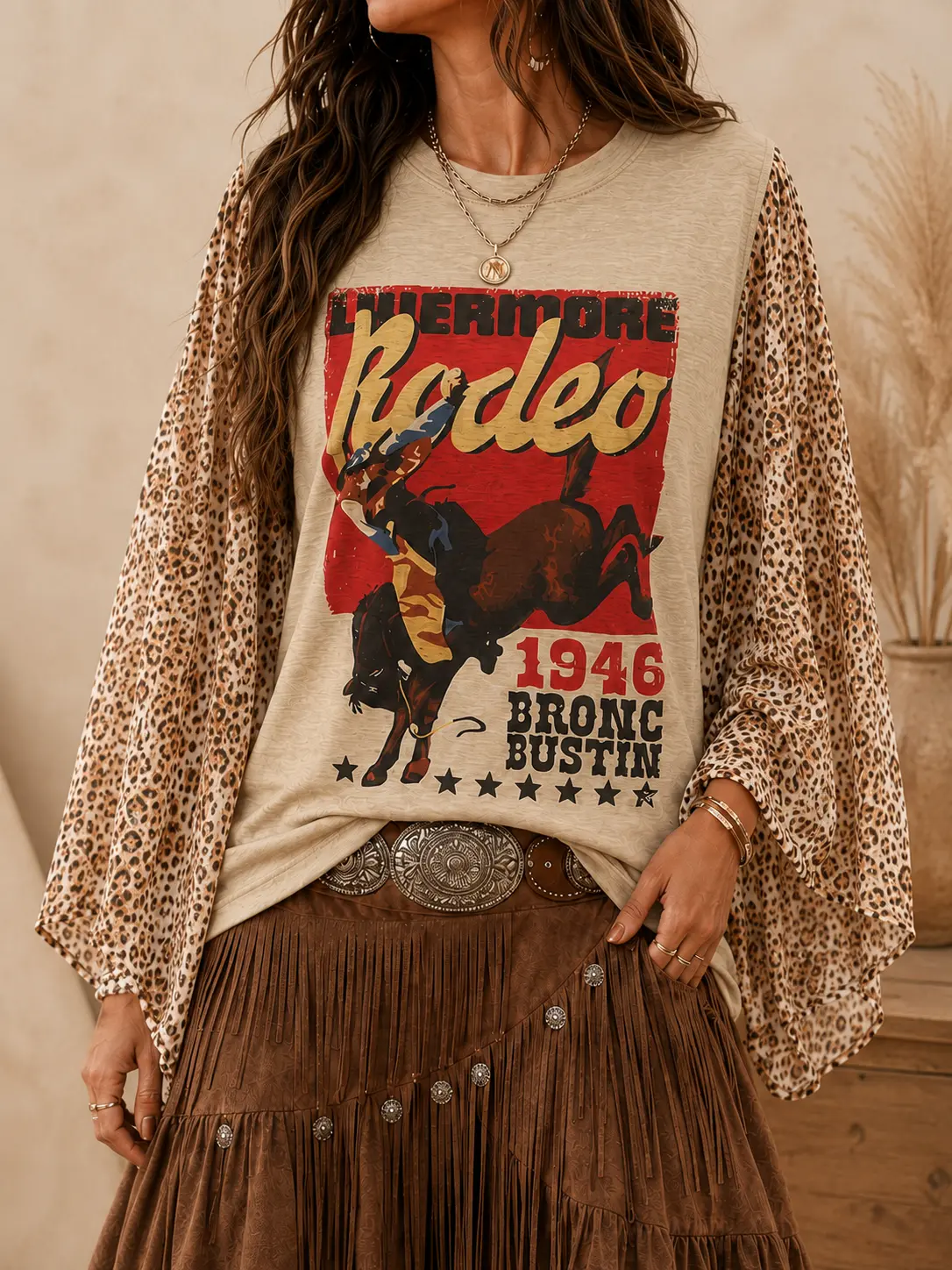 Western Rodeo Graphic Top with Leopard Batwing Sleeves, Women’s Boho Cowboy Print Round Neck Shirt by Chic Petal