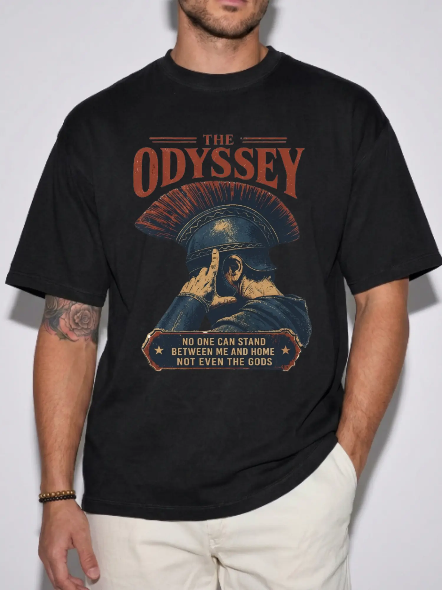 Women's Spandex Soft Stretch T-Shirt - Greek Warrior Helmet Graphic The Odyssey Top, "No One Can Stand Between Me And Home" Mythology Fan Gift