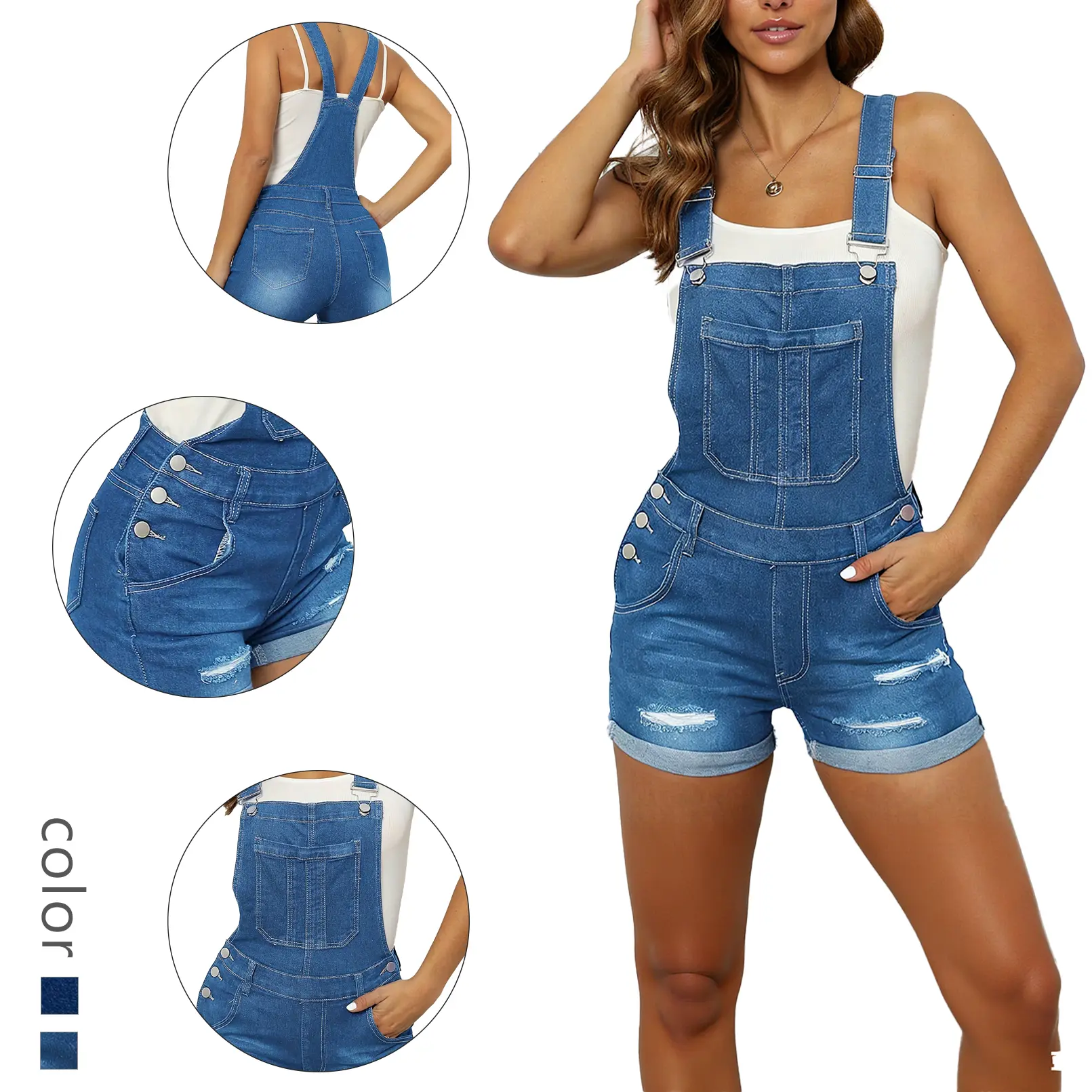 Blue Ripped Denim Overalls Shorts for Women - Adjustable Strap Casual Summer Overalls Blue Ripped Denim Overalls Shorts for Women - Adjustable Strap Casual Summer Overalls