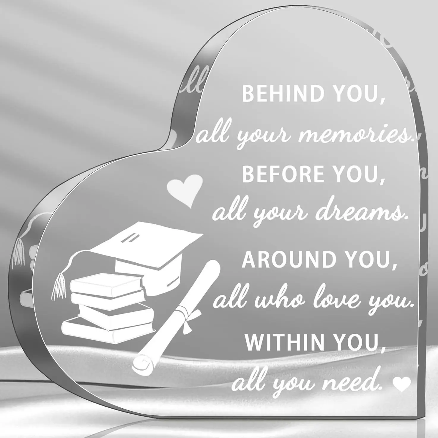 Graduation Gift for Her - Heart Acrylic Keepsake with Inspirational Quote - Best Present for Him, Daughter, Friend - High School, College, Masters Degree Graduation - Party Table Decoration