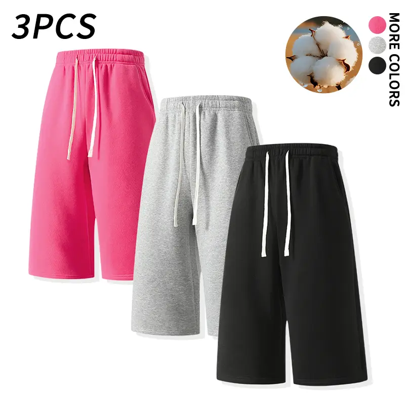 3-Pack Men’s Bermuda Shorts with Partial Cotton, Wide Legs, Three-Quarter Length, Elastic Drawstring, Side Pockets — Loose Casual Home & Sports Shorts, Available in Pink, Gray, Black daily wear