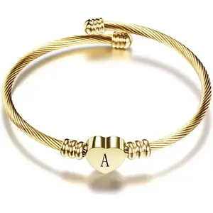 Women Gold Plated Heart Initial A-Z Letter Cuff Bracelets Expandable Stainless Steel Birthday Jewelry