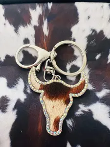 Brown steer head rhinestone keychain