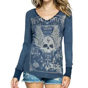 Rebel Ride Skull Ribbed Long sleeve shirt with rhinestone bling Crystal Womenswear Casual Comfort Street Y2k Plus Alternative Emo Grunge Biker mcbling