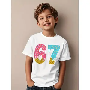 Ice Cream Drip Meme T-Shirt Featuring 67 Number and Graphic Short Sleeve Tee Perfect for Birthday Celebrations Casual Outfits and Holiday Gifting for Kids Aged 6 to 8 Years