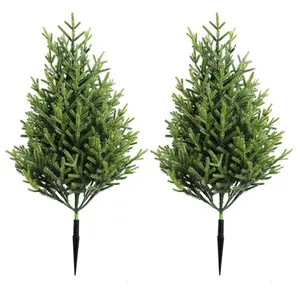 19 Inch Realistic Pine (set of 2), Outdoor UV Resistant Decorative Artificial Evergreen Plants, Ground Stake Fixed, Lifelike Bushes for Porch Garden Entryway Decoration, Artificial Trees