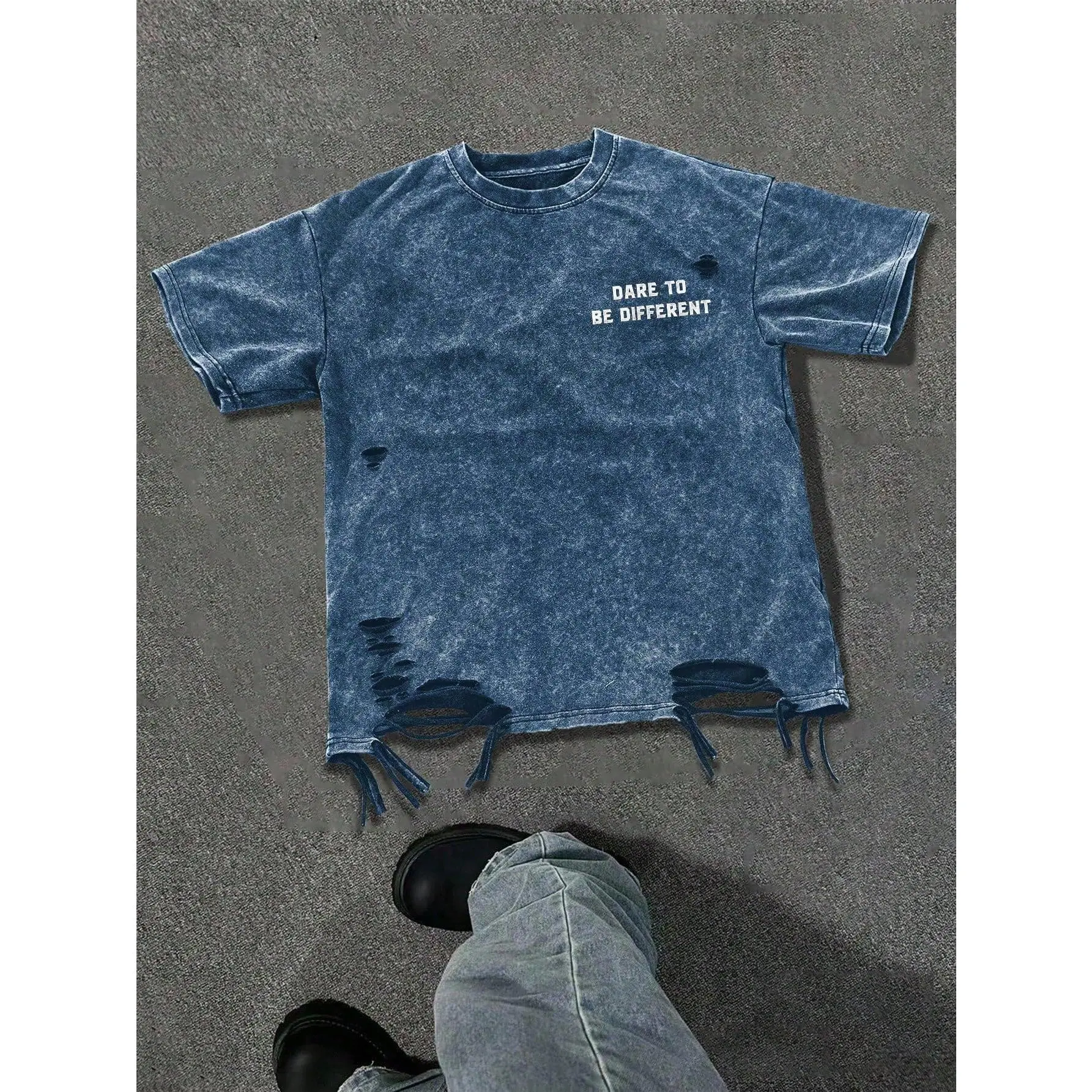 Ripped Distressed Graphic Tees Short Sleeve Crew Neck Letter T Shirts Washed Streetwear