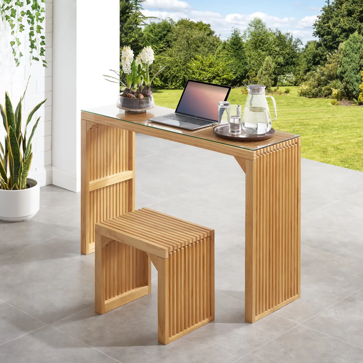 Sturdy Natural Pine Wood Dining Bench and Table Set - Rustic Modern Farmhouse Style Home Convertible Indoor Furniture, Small Tempered Glass Top, Easy Assembly - For Dining Room, Kitchen, Entryway, Modern Farmhouse Decor