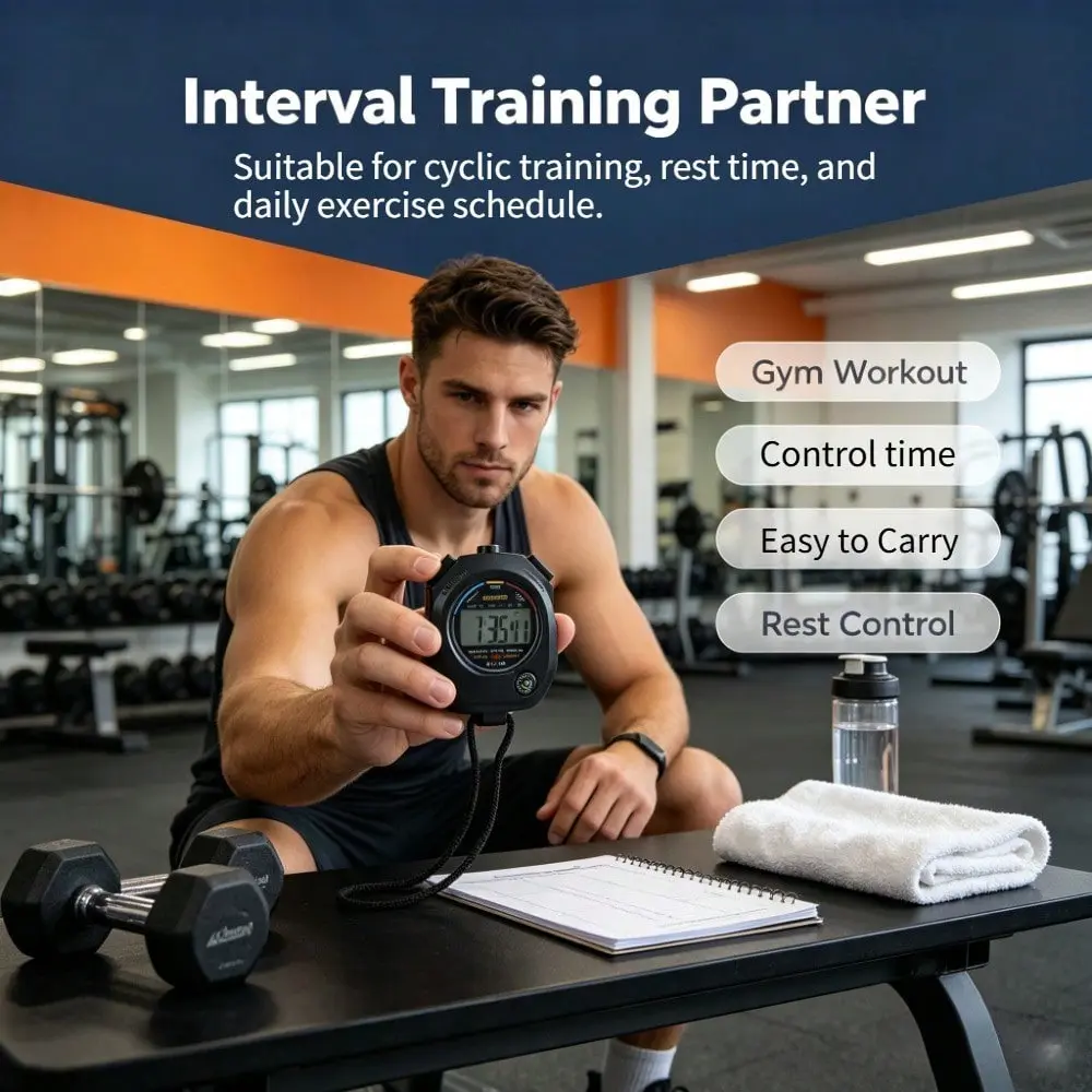 Handheld electronic stopwatch timer with hanging rope, multifunctional sports timer, fitness room rest training desktop decoration clock