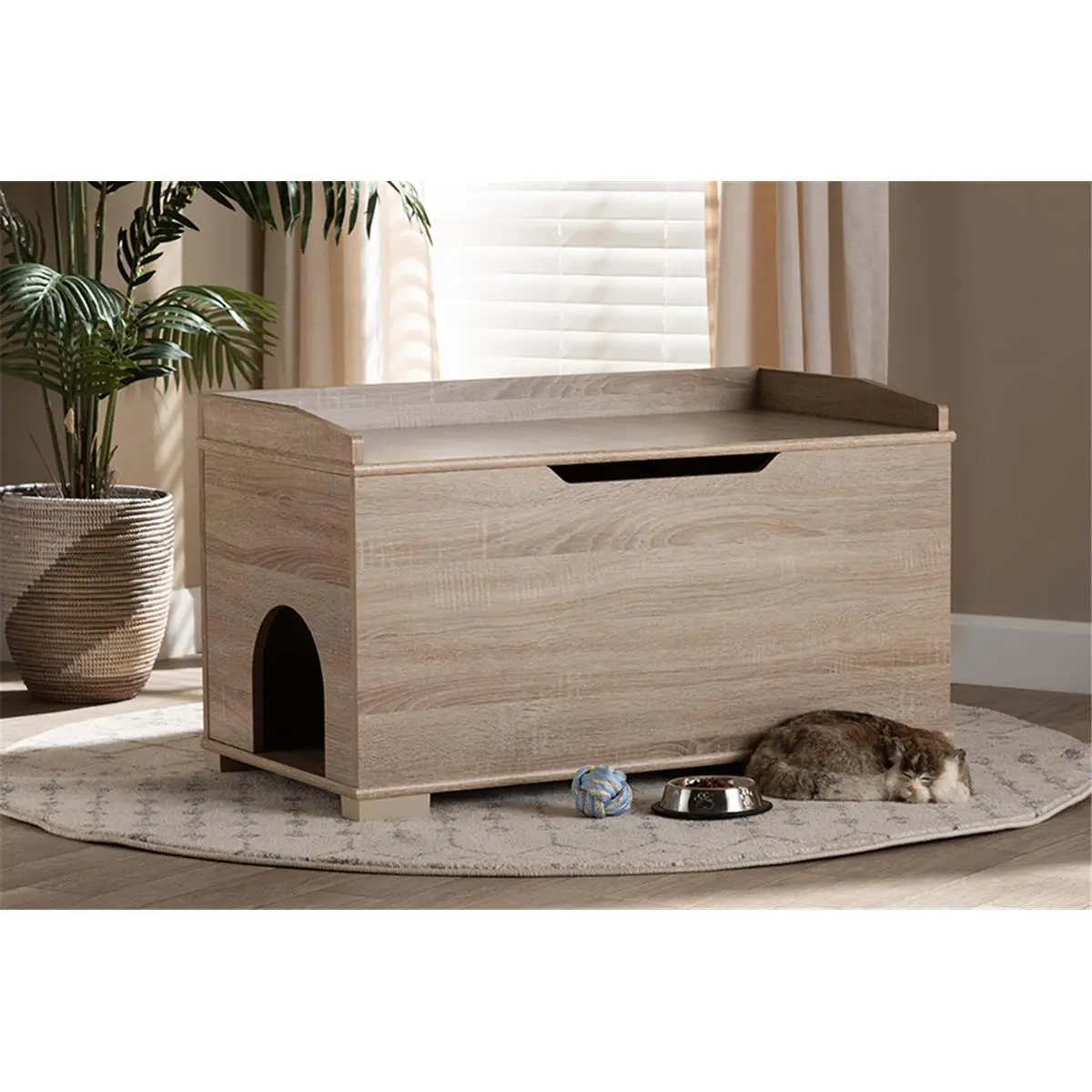 212 MAIN Mariam Modern & Contemporary Wood Cat Litter Box Cover House, Litter Box Enclosure, Hana Oak Finish, 20.1x35.4x18.9 in