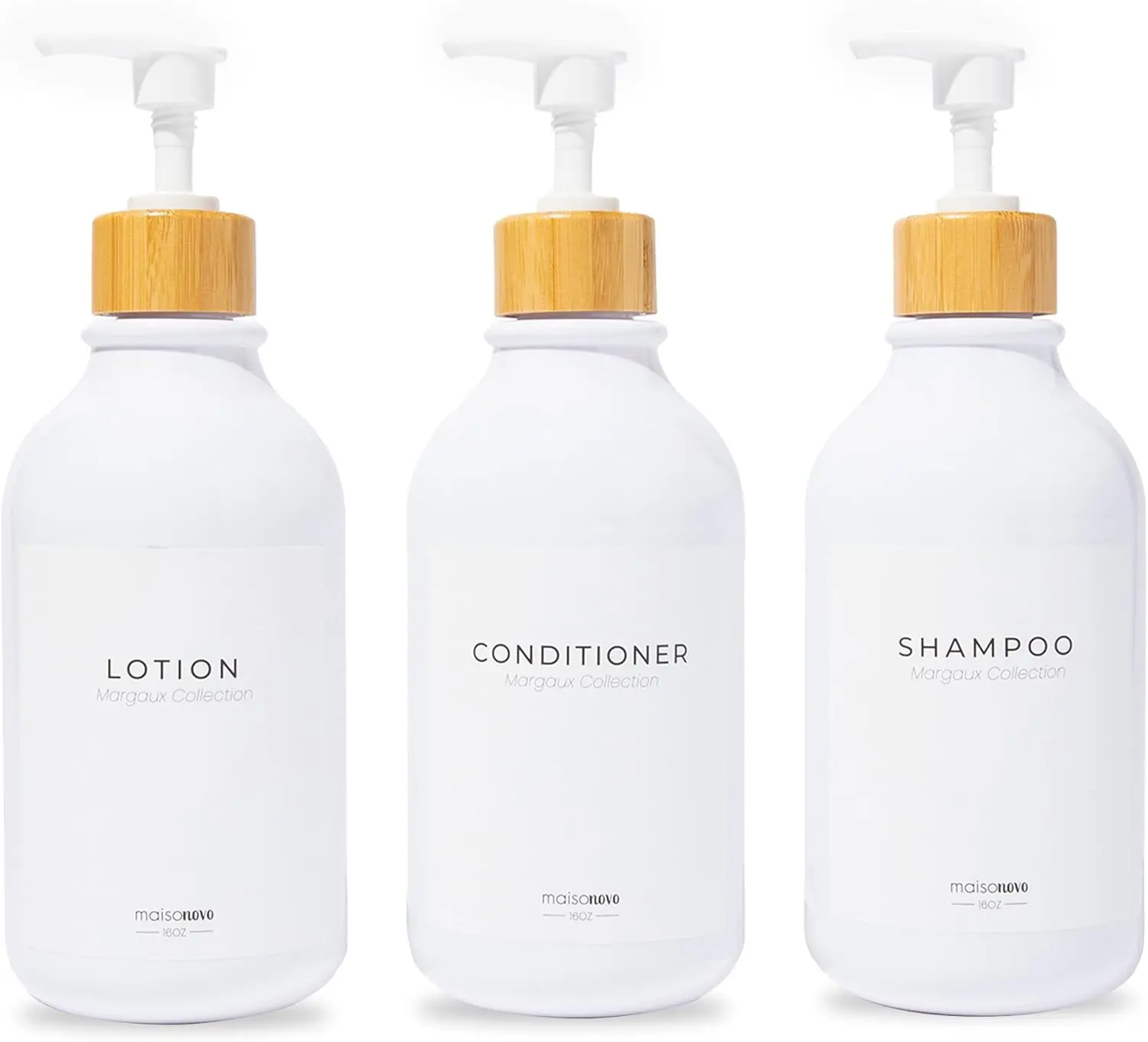 MaisoNovo Refillable Shampoo and Conditioner Bottles | 16.9 fl oz Set of 3 White Plastic Bottles White Bamboo Pumps