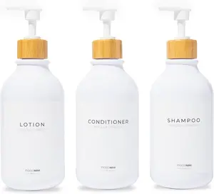 MaisoNovo Refillable Shampoo and Conditioner Bottles | 16.9 fl oz Set of 3 White Plastic Bottles White Bamboo Pumps