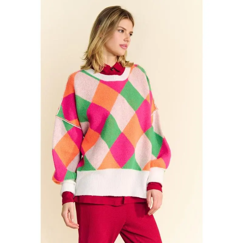 Davi & Dani Exposed Seam Color Block Dropped Shoulder Sweater