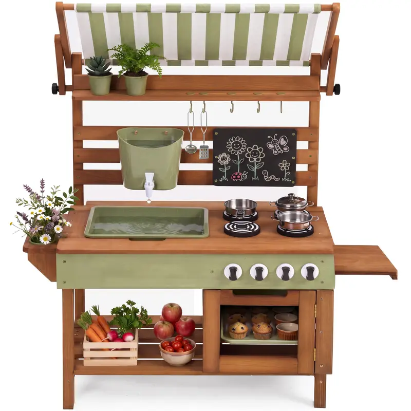 Best Choice Products Deluxe Wooden Outdoor Mud Kitchen for Kids w/ Canopy, Water Tank, Faucet & 11pc Accessories