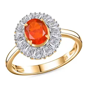 Oval Fire Opal & Moissanite Halo Ring In Rhodium/18K Yellow Gold over Sterling Silver 1.60ctw