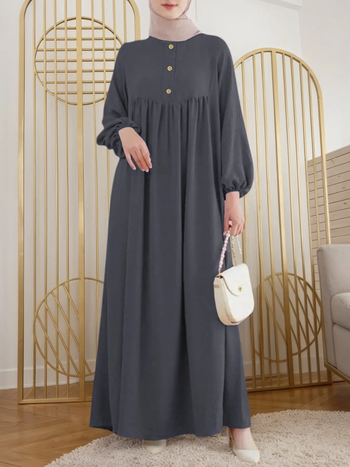 Women's Modest Bubble Sleeve Natural Wood Color Button Casual Loose Long Dress, All Seasons Woven Fabric, Comfortable Fit