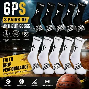 6Pcs(3Pairs) Unisex Sports Socks Anti Slip Rubber Dot Design Christian Cross Bible Motifs Comfortable Soft Stretch Fit Football Basketball Activities Four Seasons Athletic Wear Essential Spiritual Performance Technology