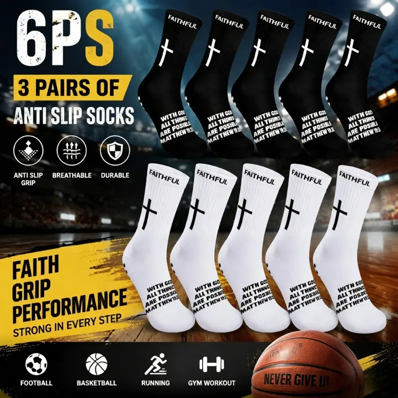 6Pcs(3Pairs) Unisex Sports Socks Anti Slip Rubber Dot Design Christian Cross Bible Motifs Comfortable Soft Stretch Fit Football Basketball Activities Four Seasons Athletic Wear Essential Spiritual Performance Technology
