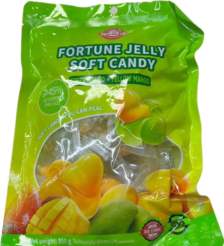 Fortune Jelly Peelable Gummy Soft Jellies Snacks - Green & Yellow Mango Flavors, 45% Juice Content, 350g Large Pack - Ideal for Children, Parties