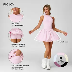 Women's Mock Neck Sleeveless Tennis Dress – Faux Two-Piece Stand Collar, Built-in Shorts, Removable Pads, Hidden Zipper, Waist Darts, A-Line Skirt, Golf & Running Athletic Dress with Shorts