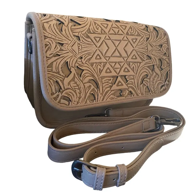 Tooled Leather Messenger Bag with Aztec Design