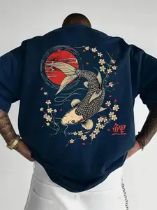 Men's Koi Fish Graphic T-Shirt, Japanese Ukiyo-E Style Cultural Cherry Blossom Koi Print, Loose Fit Short Sleeve, Casual Streetwear Top