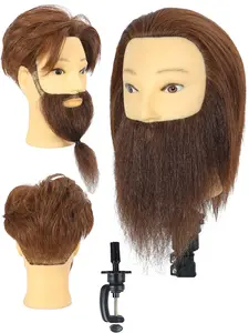 Men's Human Body Model Head 12 Inch Real Hair Material, Salon Practice Dummy, Includes Beard Style, Desktop Stand Included