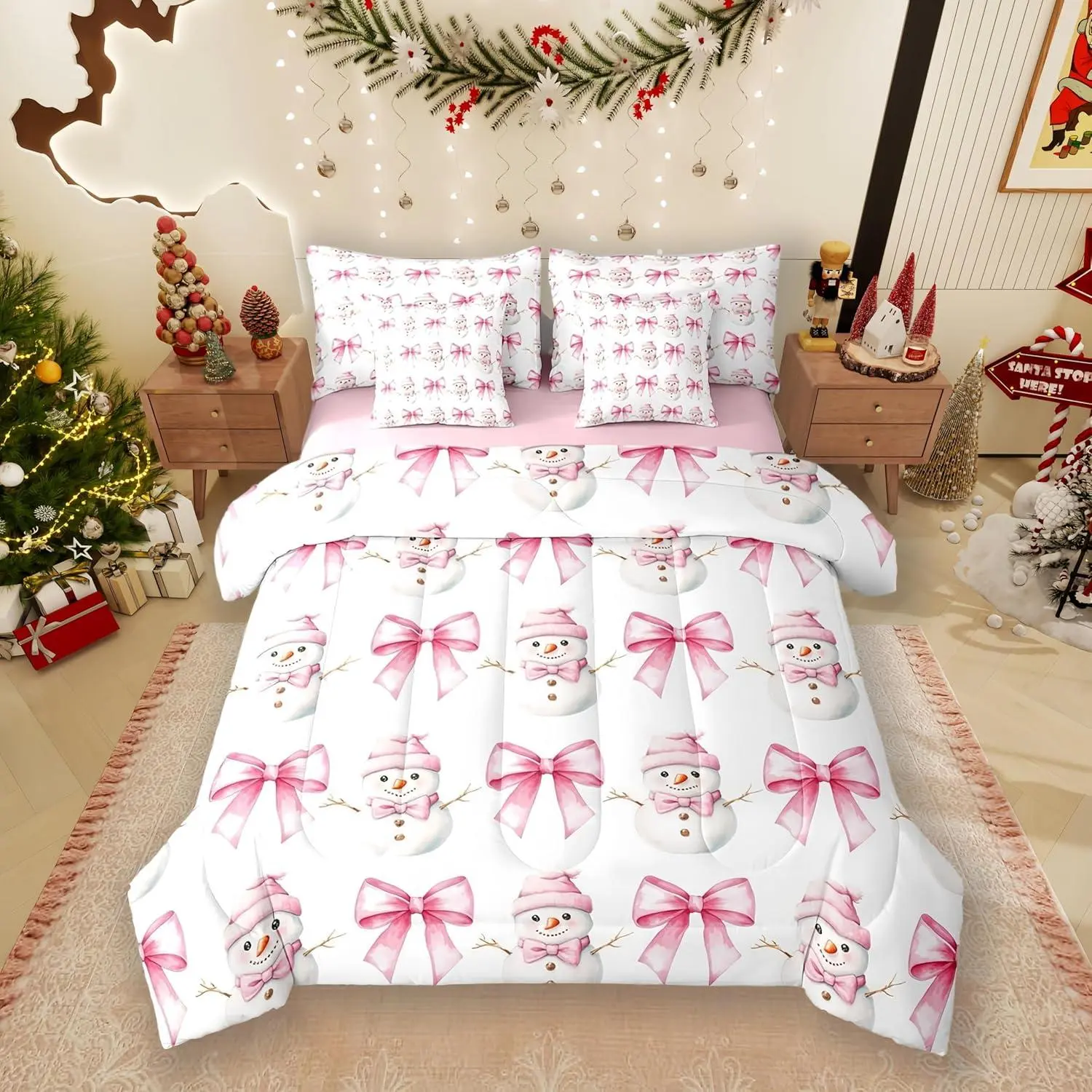7 Pieces Cartoon Snowman Kids Comforter,Pink Bowknot Bow Tie Princess Toddler Bedding Set,Merry Christmas Xmas Bow New Year（Comforter+Fitted+Flat Sheet+2 Pillowcases+2 Throw Pillow Covers）