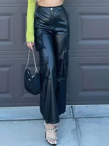 Women's Y2K Plain PU Leather Pants, Multi-Pocket Button Front, Loose Fit High-Waisted Straight Leg, Casual Outdoor Wear