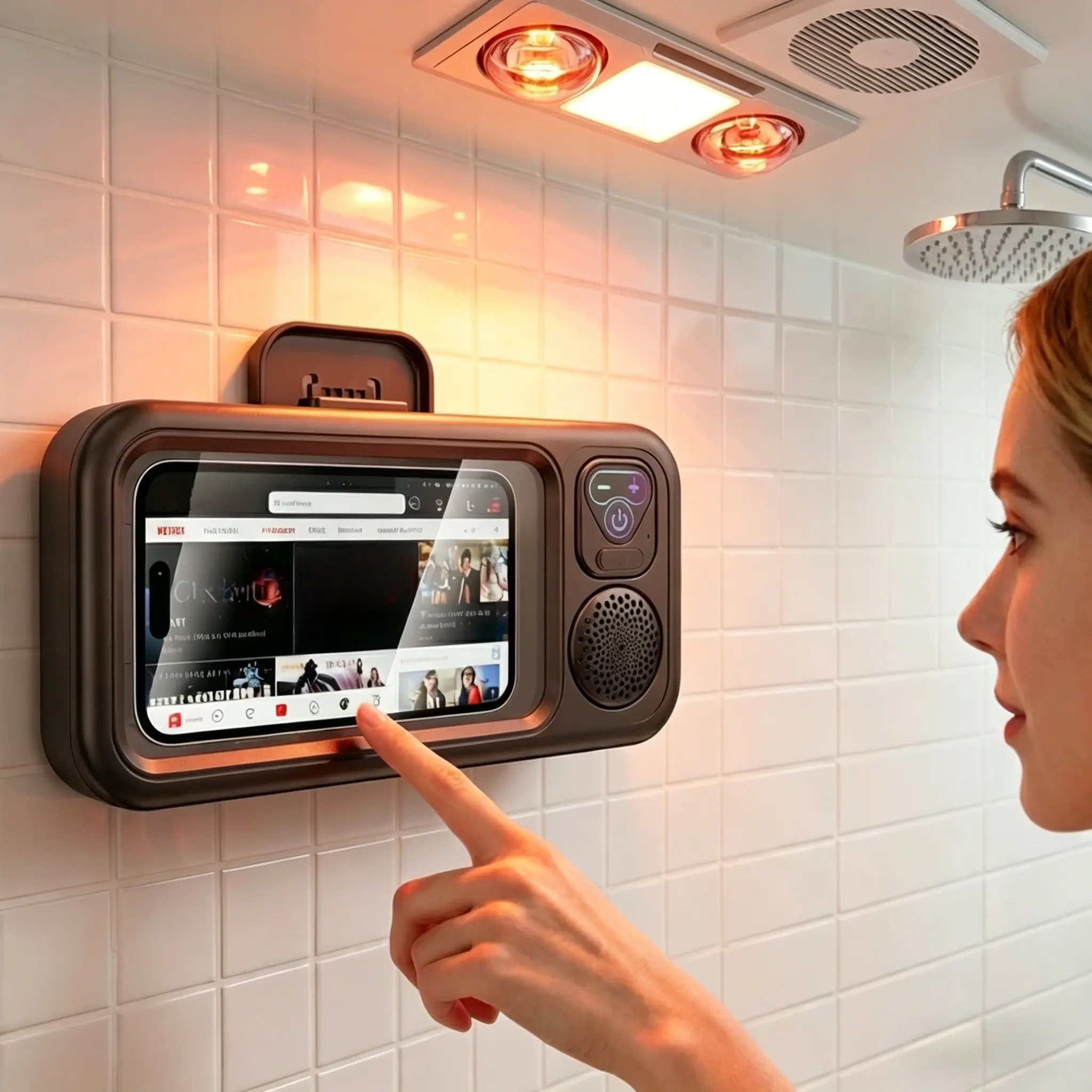 IPX7 Waterproof Shower Phone Stand with Bluetooth Speaker, 360° Rotatable Touch Screen Wall Mount Holder for Bathroom