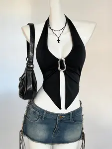 Women's Sexy Backless Tanks Short Top with Metal Buckle Decoration, Irregular Hem Party, Trendy Sleeveless Blouse for Women