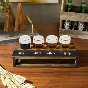 Dark Brown Burnt Wood Beer Flight Sampler Tray with 4 Beer Glasses and Erasable Chalkboard Label
