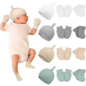 F-HDW01 4 Pack Preemie Hats Mitten and Socks Set Cotton Preemie Cap No Scratch Mittens Warm Terry Socks for Girls Boys