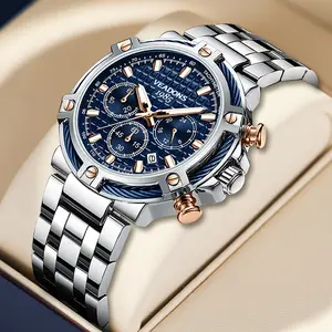 Cool  Veadons Men's Quartz Watch Multifunctional Chronograph Luminous Dial Waterproof Calendar Stainless Steel Strap Fashion Elegant Design Perfect Birthday Gift for Boyfriend Party Essential Daily Wear