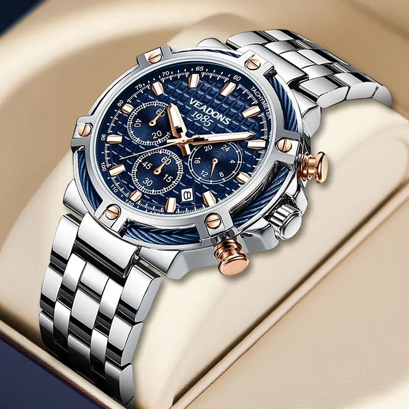 Cool  Veadons Men's Quartz Watch Multifunctional Chronograph Luminous Dial Waterproof Calendar Stainless Steel Strap Fashion Elegant Design Perfect Birthday Gift for Boyfriend Party Essential Daily Wear