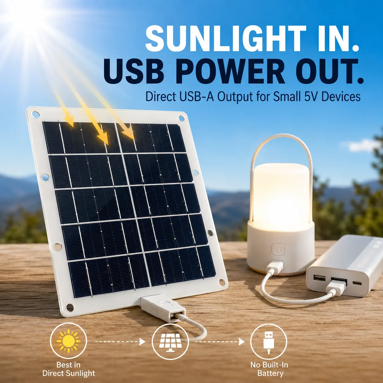 Portable USB solar panel, small 5V solar charger with USB-A output, suitable for power banks, camping lights, mini fans, RV travel, and emergency gear