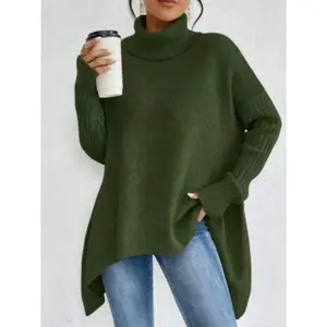 Women's Bohemian Turtleneck Knit Sweater - Green, Loose Fit, Long Sleeve, High Neck, Warm Winter Top For Christmas & New Year, Casual Festive Wear | Bohemian Style | Winter Essential, Cozy Sweater underwear thermal
