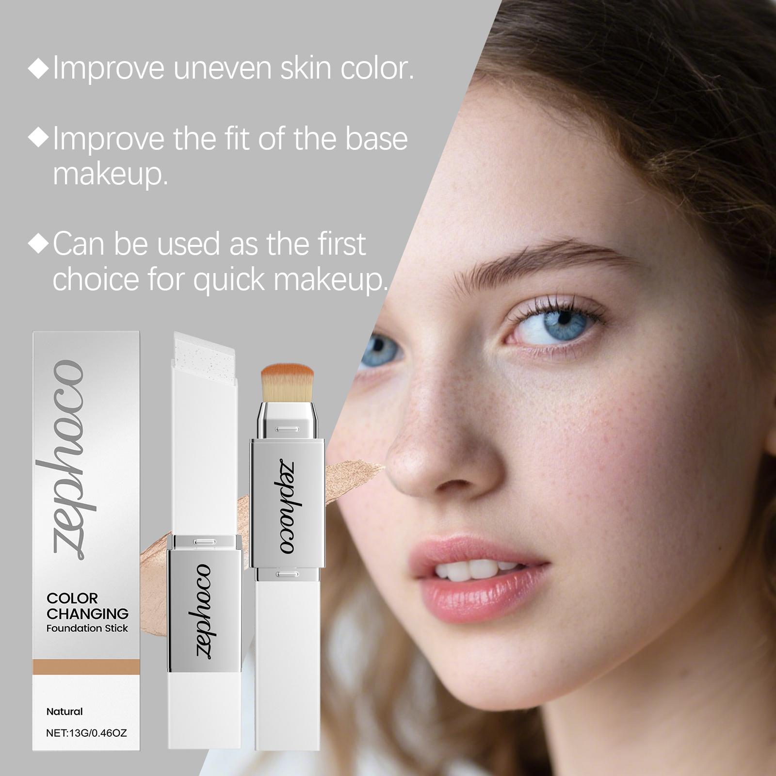 Zephoco 2-in-1 Color-Changing Foundation Stick Natural Shade Lightweight Hydrating Seamless Blending No Cakey Finish Sheer Breathable Coverage Concealer Makeup