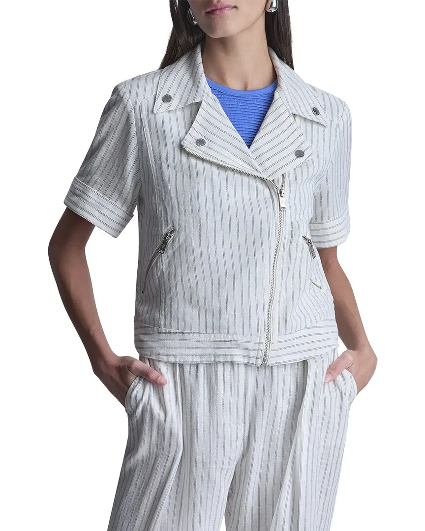 DKNY Striped Linen-Blend Moto Jacket