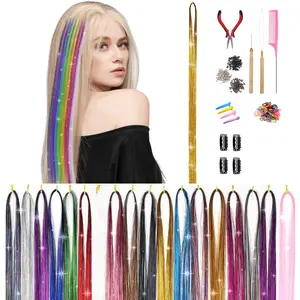 Fairy Hair Tinsel Extensions Kit(47 Inches, 18 Colors, 3600 Stands), Heat Resistant Glitter Hair Extensions with Tools, Festival Highlight Sparkling Hair Tinsel Kit for Tween Girls Synthetic Extensions