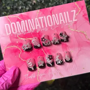 Dominationailz 10 pc Junk Shorties Rhinestones Stars Black Handmade Easy Application Reusable Press On Nails