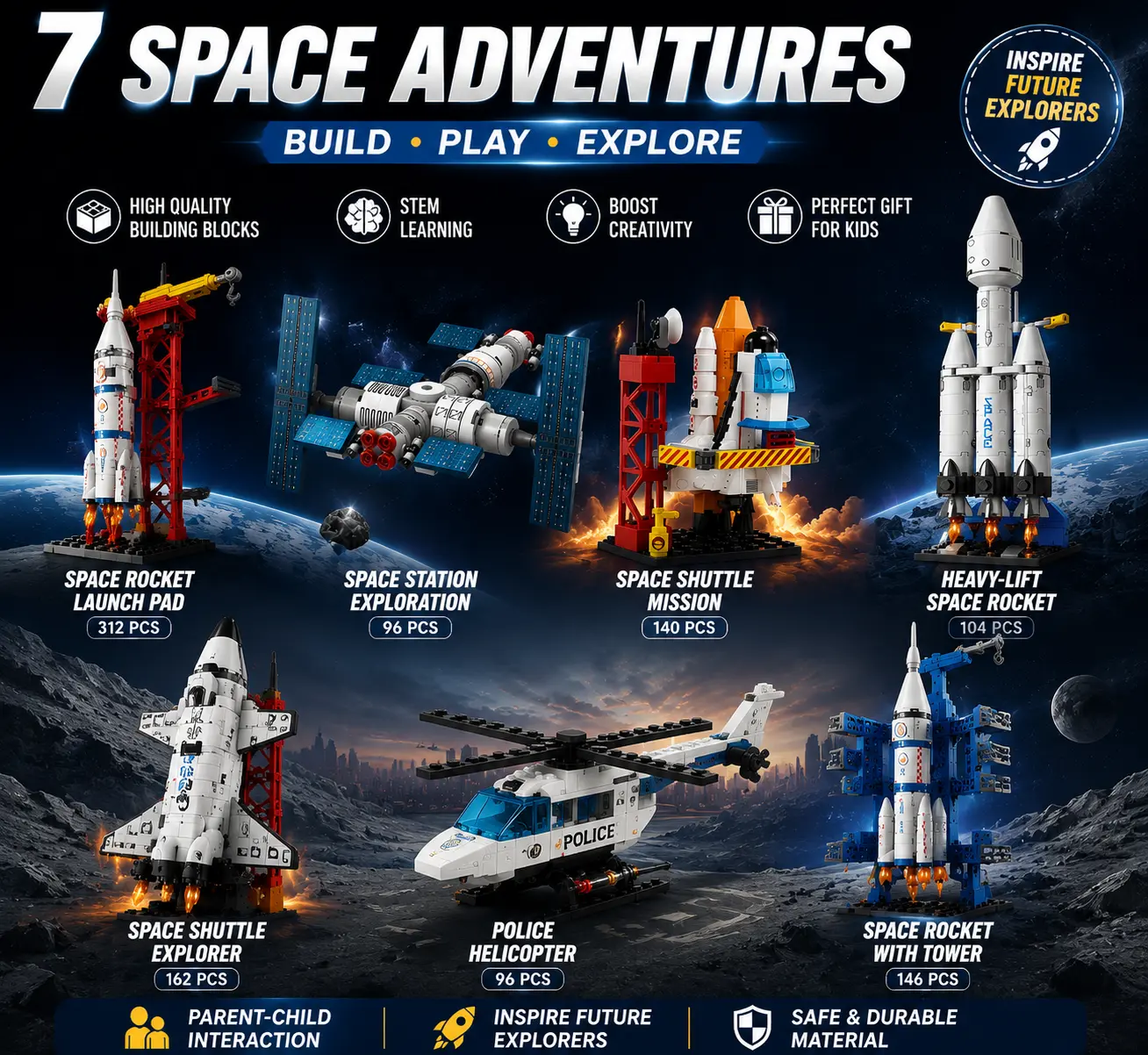 Ultimate 7-Piece Space Building Blocks Collection  Complete Rocket & Space Model Set | STEM Toy