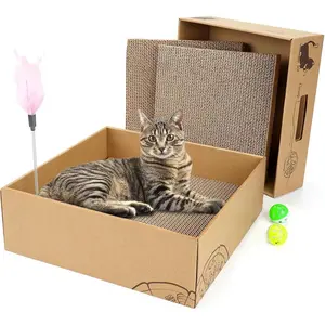 Scratcher Box with 3 count  Pads, Reversible Corrugated Cardboard Lounge Bed with   and Balls Recyclable  Scratcher Cardboard for Indoor Cats