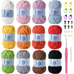 Premier Puzzle 12 Pack Fluff Chenille Chunky Yarn for Crocheting -  Crochet Set with  Yarn in Black, White, Purple, Pink, Blue, Coffee, Red, Orange