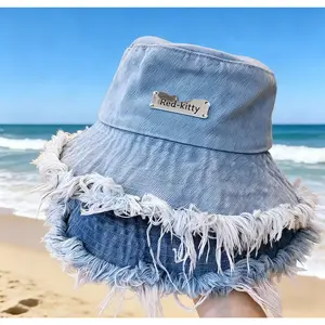 Women's Denim Bucket Hat, Spring/Summer Thin Washed Distressed Frayed Edge Popular Outdoor Wide-Brim Sun Protection Hat