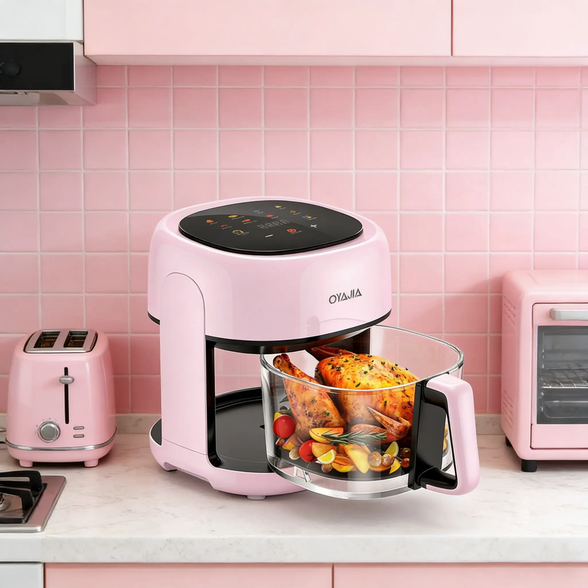 OYAJIA Pink Glass Touchscreen Air Fryer - 4.2QT, 1200W, 8-in-1 Small Portable Multi-Function Fryer for Dorm, Small Fryers, Portable Multi-Function Fryers