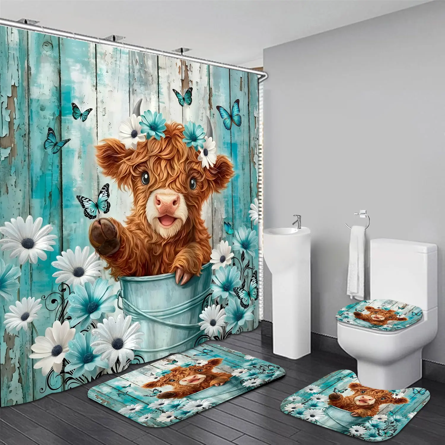 4-Piece Rustic Farmhouse Shower Curtain Set - Rust-Infused Highland Scottish Cow Animal Design, Blue Floral Print, Includes Curtain with Hooks, Bath Mats, Toilet Cover, Shower Curtains